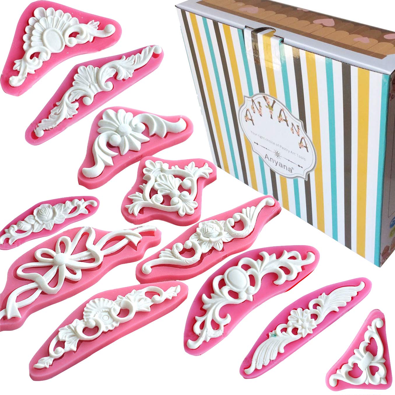 Baroque Style Curlicues Scroll rose vine Lace Fondant Silicone sculpted gum paste Mold for Sugarcraft, Cake Border Decoration, Cupcake Topper, Jewelry, Polymer Clay, Crafting Project 11 in Set