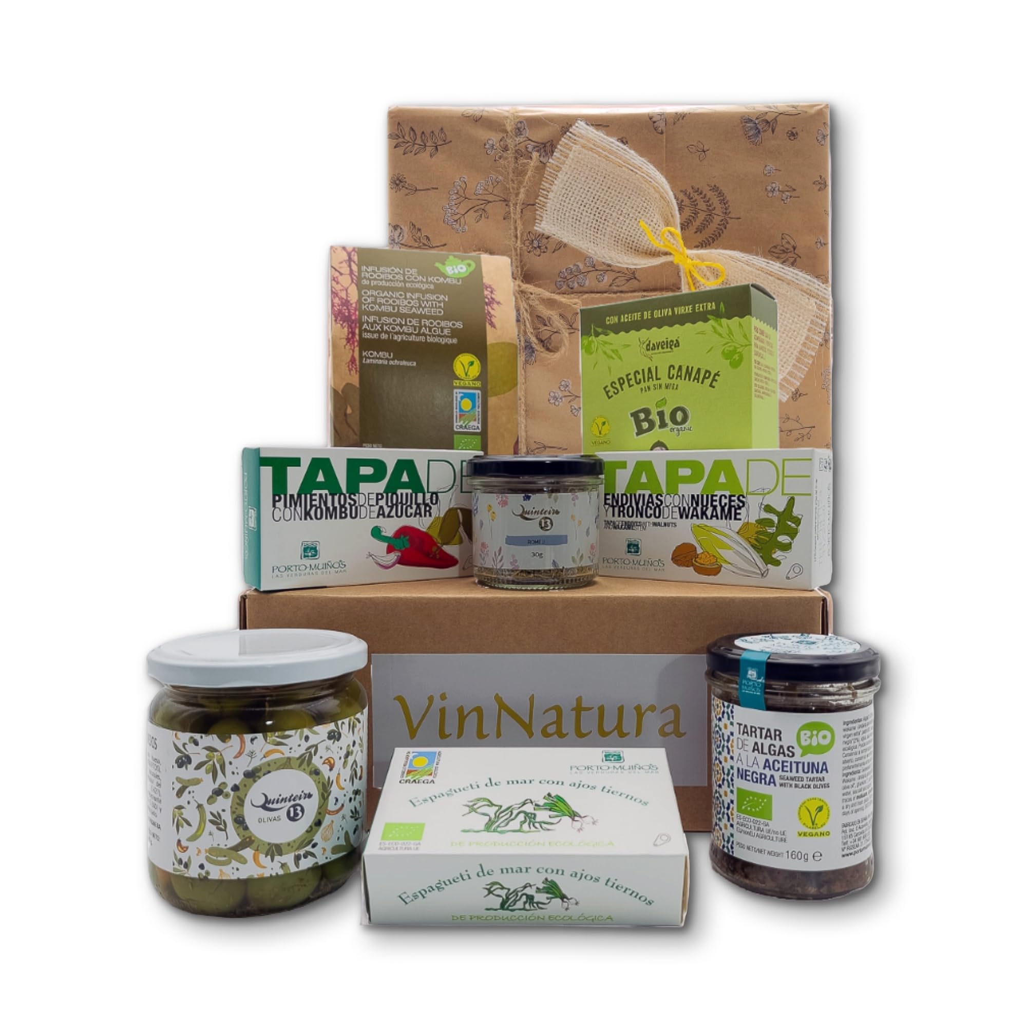 Caja Regalo Vegana Terra de VinNatura con Algas ecológicas de Galicia | Cesta gourmet vegana, regalos de empresa inclusivos, celebraciones, selección vegetal, tarjeta personalizable
