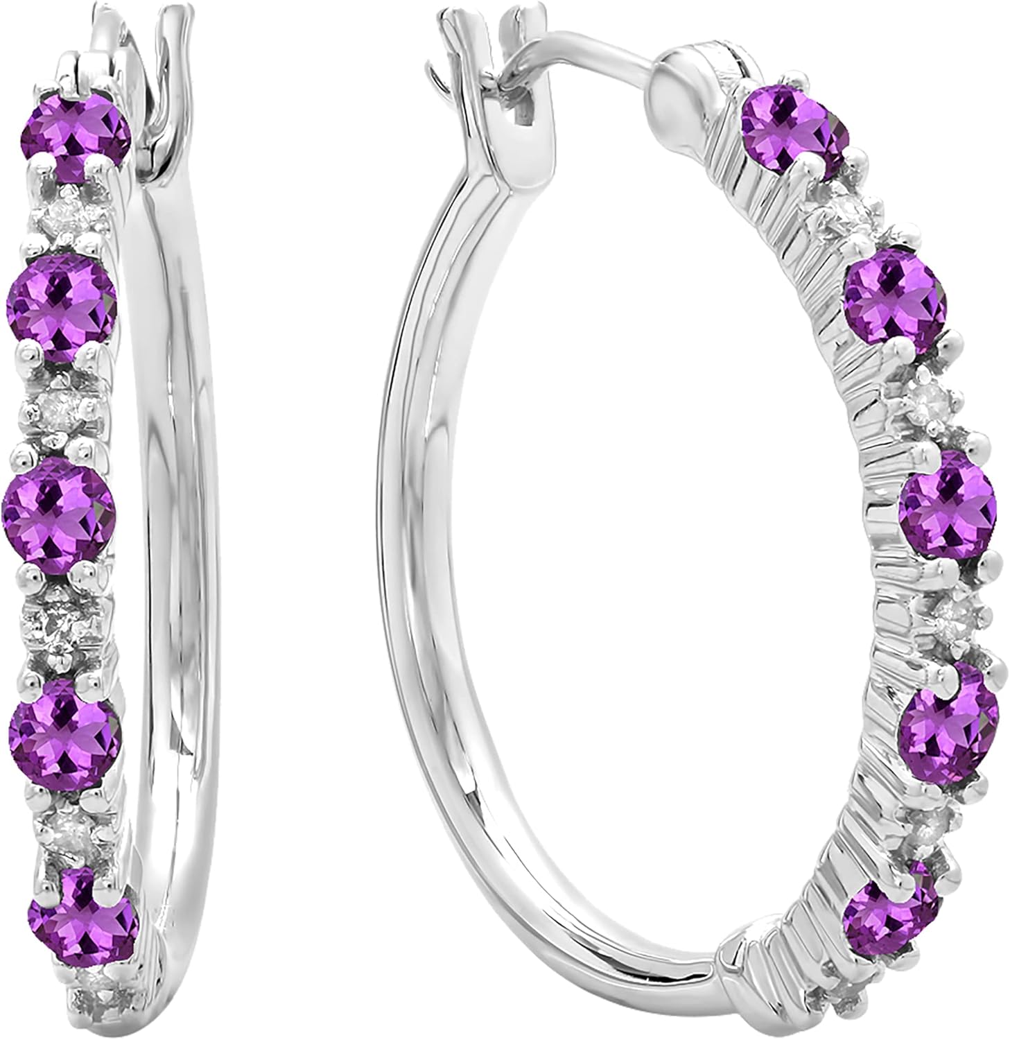 Dazzlingrock Collection Round White Natural Diamond & Gemstone Ladies Fine Dainty Hoop Earrings, Sterling Silver