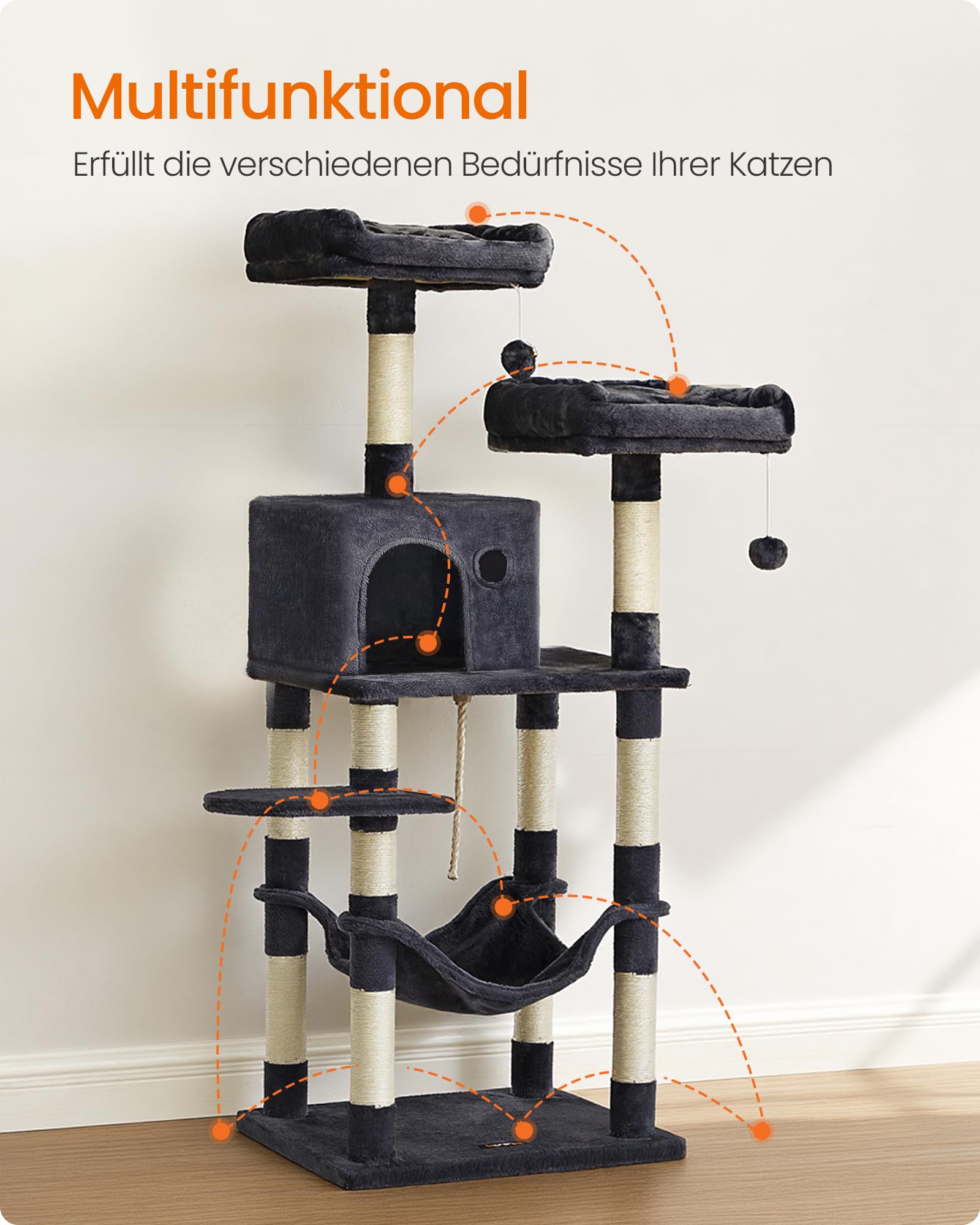 Feandrea Kratzbaum, 141.8 cm hoch, Katzenbaum mit 11 Kratzsäulen