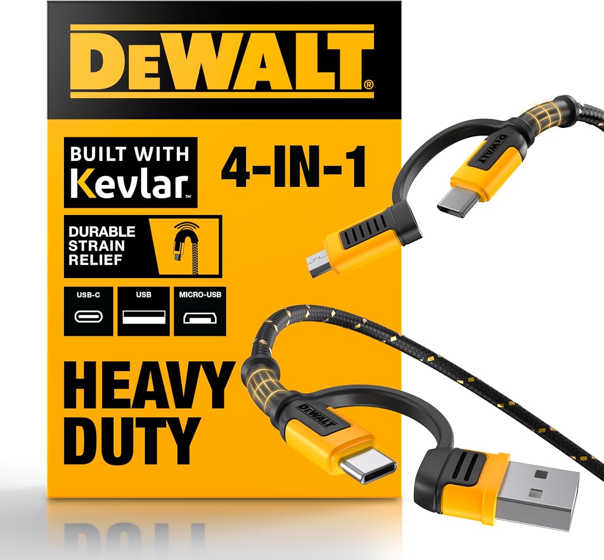 DEWALT Heavy Duty 4-in-1 Cable, Type C/MicroUSB/USB, (6ft, Black) | Cables for iPhone 17/16/15 iPad, USBC All in One Charging Cable, HTC, LG, Samsung Galaxy, Android, iPad Pro, Micro-to-C