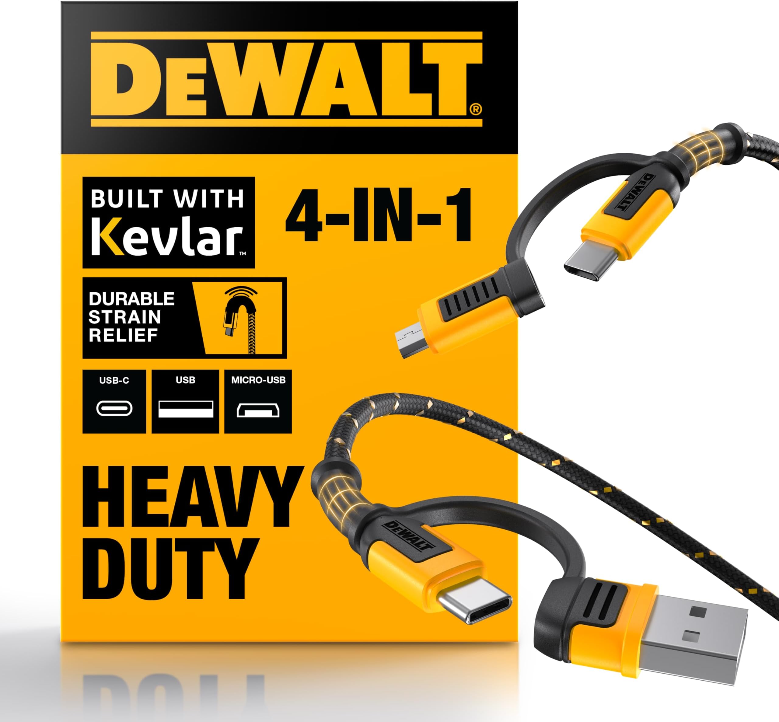 – DEWALT Heavy Duty 4-in-1 Cable, Type C/Micro USB/USB Cable for iPhone 16, iPhone 15, iPad Charger USB C, Huawei, HTC, LG, Samsung Galaxy, Android Smartphones, iPad Pro, Micro C Charging (6ft, Black)