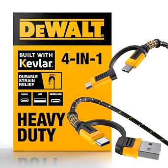 DEWALT Heavy Duty 4-in-1 Cable, Type C/MicroUSB/USB, 6ft, Black