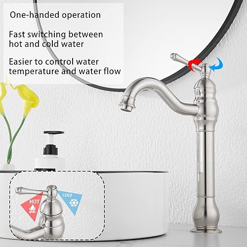 Miniatura 5 de GGStudy Grifo de 360 de giro con una sola manija para fregadero de baño, un agujero, con desagüe desplegable a juego, sin rebosadero, de níquel