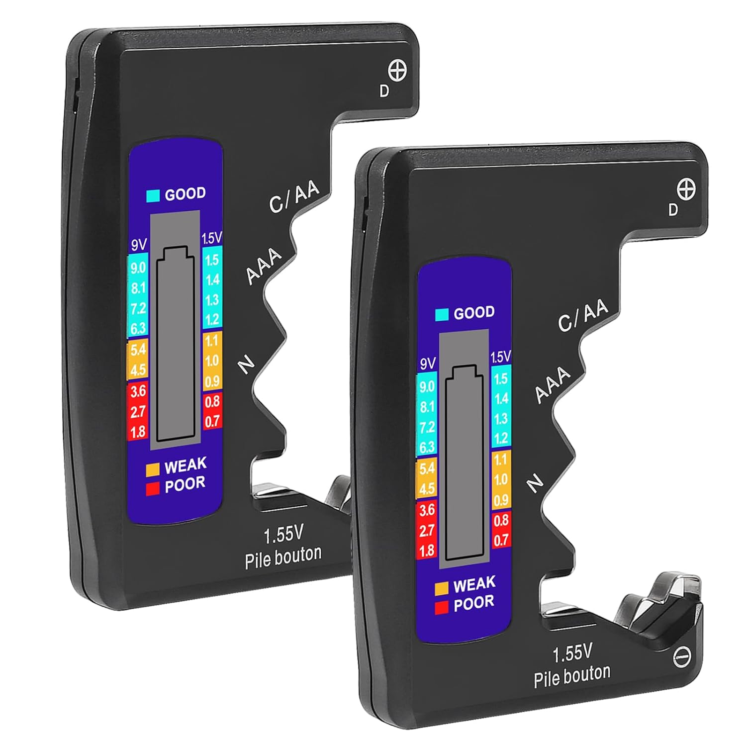 UMLIFE 2-Pack BT-886 Battery Tester for AA AAA C D 9V 1.5V Button Batteries - LCD Voltage Checker Black