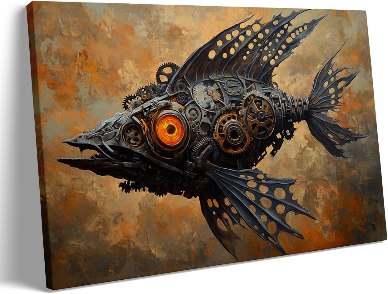 Steampunk Mechanical Fish Wall Art Industrial Fantasy Poster with Glowing Eye Gears Rivets and Rusty Abstract Background for Office or Studio Decor 24x36in Large Frame wall art