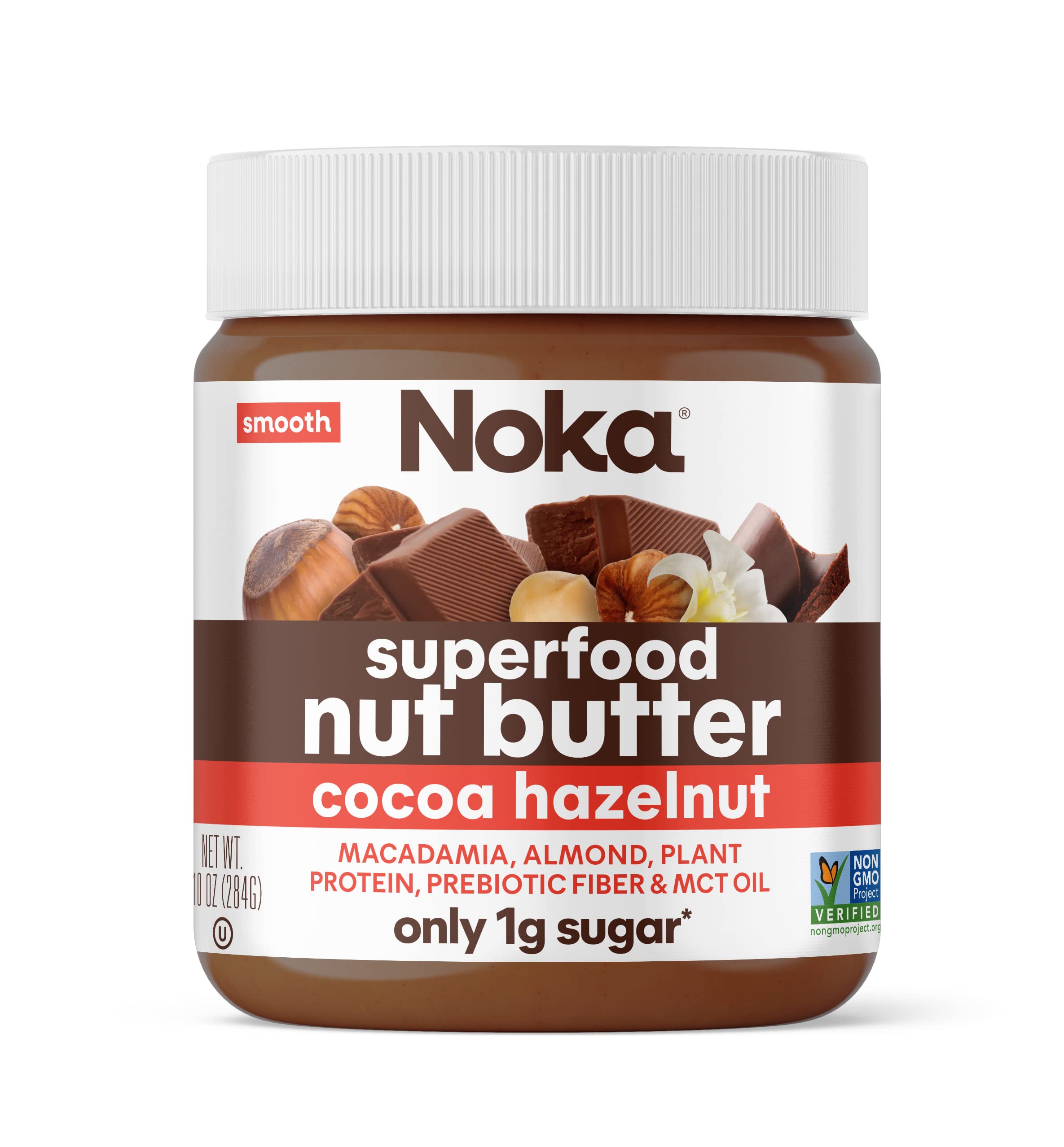 Noka Superfood Nut Butter, Cocoa Hazelnut, Healthy Snacks with Almonds and Macadamia, Plant Protein, Prebiotic Fiber and MCT Oil, Keto, Non GMO, Vegan, No Sugar Added Snacks, 10 oz Jar