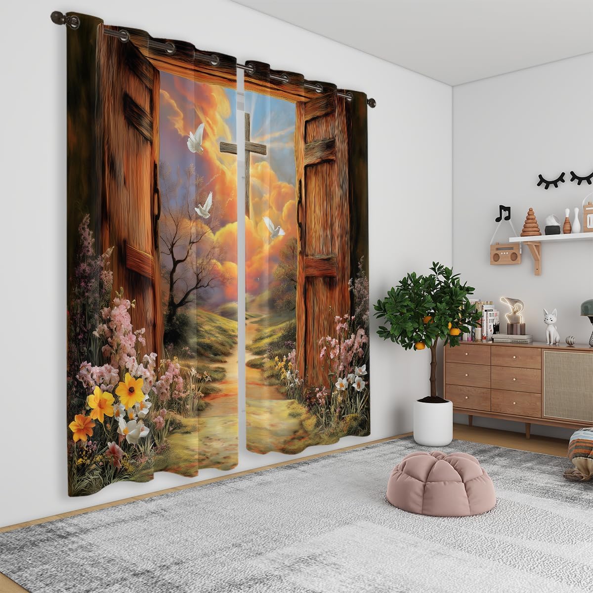 Jesus Cross Curtain, Door Sunset Sunrise Mountain Christ Easter, Grommet Curtains for Large Window or Church-Style Decor, 84 x 84 Inch, Thermal Insulated Darkening Drapes