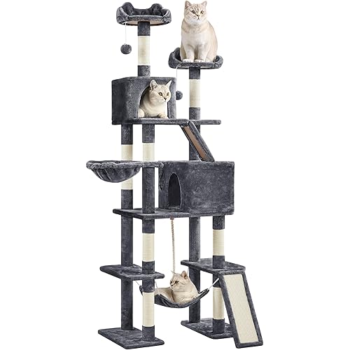 Yaheetech Cat Tree, 82.5in Large Tower w/Hammock, 2 Kitty-Ear Perches, 2 Cozy Condos, Scratching Posts, Basket, Furniture for Large Cats, Kittens, Dark Gray