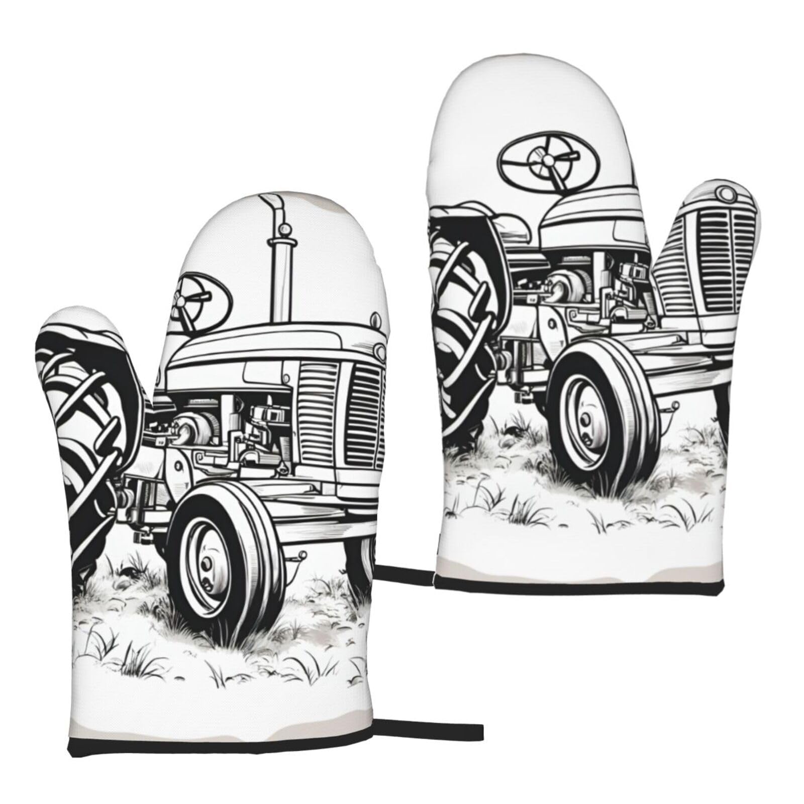 Nimongt Women's Black Cartoon Tractor Print Adults Universal Fit Heat Resistant Oven Gloves Reusable Cooking Outdoor Grilling