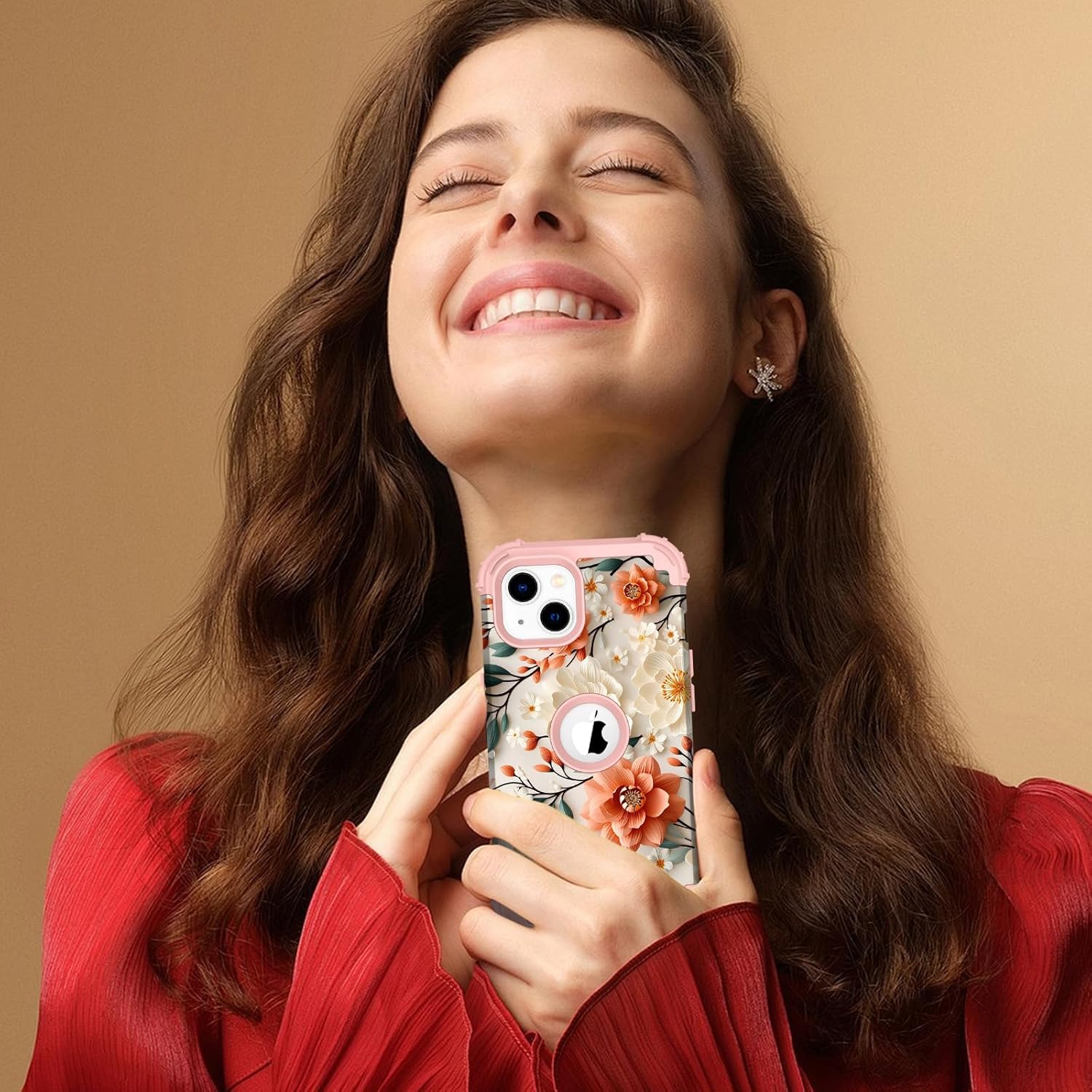 PIXIU Unique Flower Pattern Compatible with iPhone 13/14 6.1 inch case, Heavy Duty Dual Layer Shockproof Full-Body Protective Sturdy Hybrid Cute Rugged Case for Women,Girls,Kids-White/Orange - Image 2