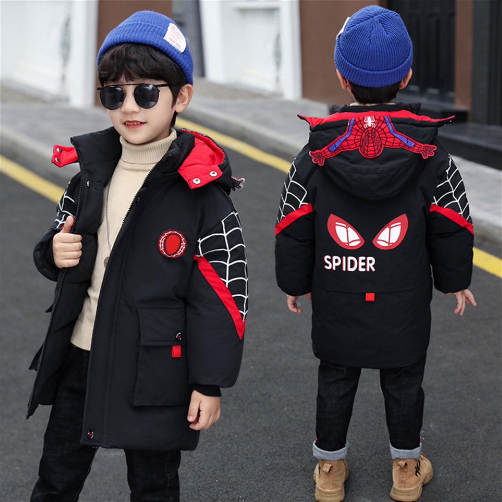 Manteau Garçon Hiver Mi-Longue Coton Araignée Veste à Capuche - Taille 130 CM - Noir/rouge