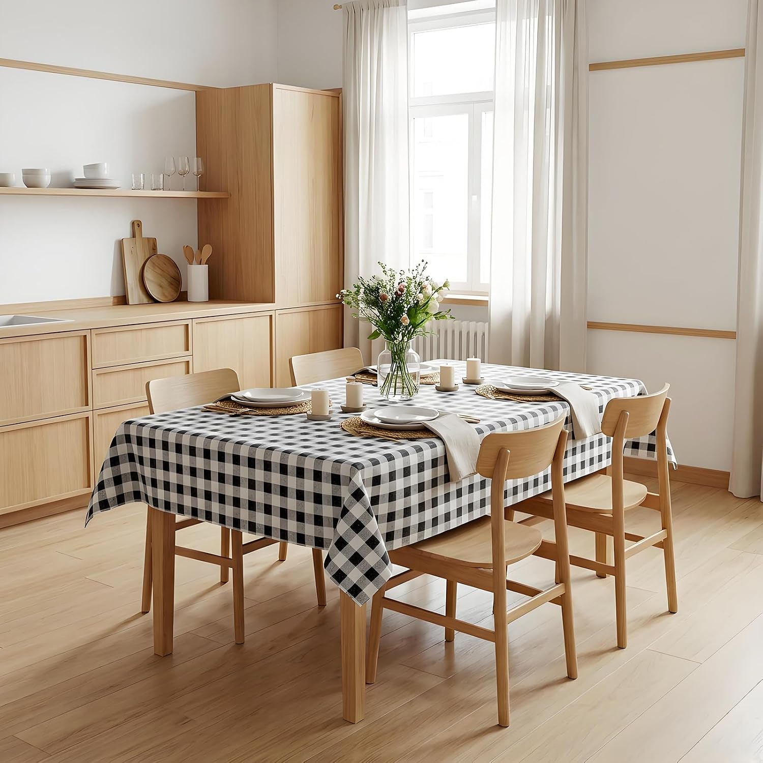 52'' X 70'' Checkered Tablecloth Disposable Vinyl Tablecloths with Flannel Backing Wipeable Spillproof Plastic Table Cover PVC Waterproof Table Cloth for Indoor Outdoor