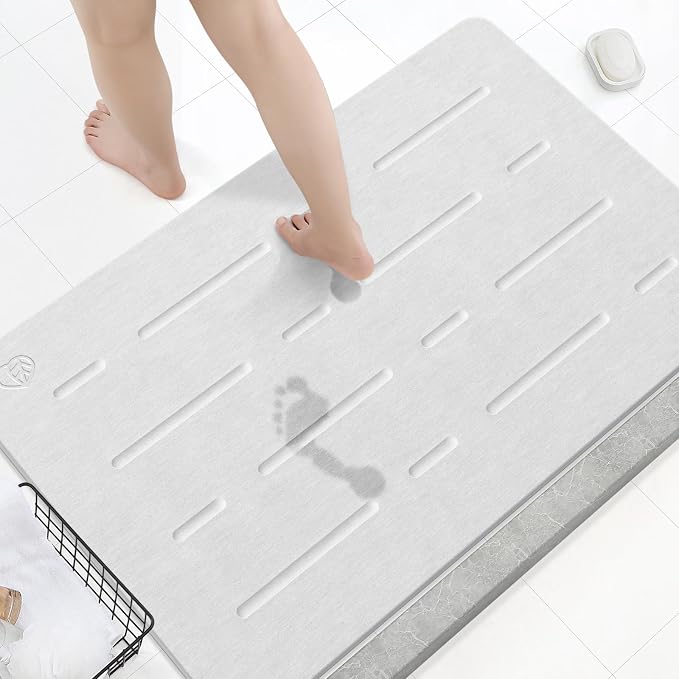OTHWAY Large Stone Bath Mat, 32"x 20" Diatomaceous Earth Bath Mat for Bathroom, Quick Drying Long Bath Mat Stone Absorbing, Non-Slip Diatomite Hard Stone Shower Mat Instant Dry(White Grey)