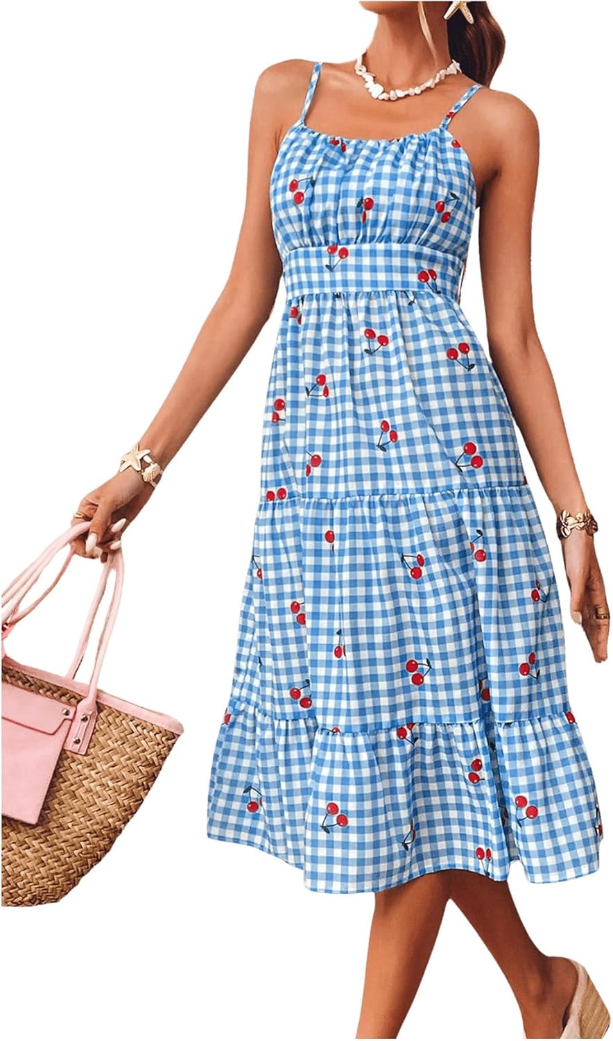 Womens Cherry Gingham Cami Dress Spaghetti Strap Ruffle Tiered