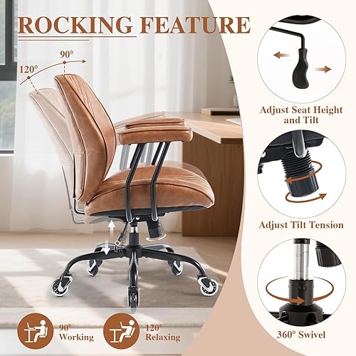 Miniatura 5 de Silla de escritorio de oficina en casa, silla moderna de piel sintética con soporte lumbar, silla ergonómica de computadora con respaldo medio,
