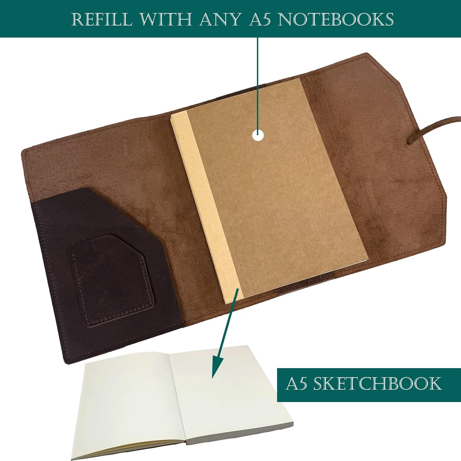 Refillable Leather Journal Writing Notebook - Handmade Leather Journal for Men, A5 Diary Cover Refillable Sketchbook to Drawing, Large 6"x8", Dark Brown