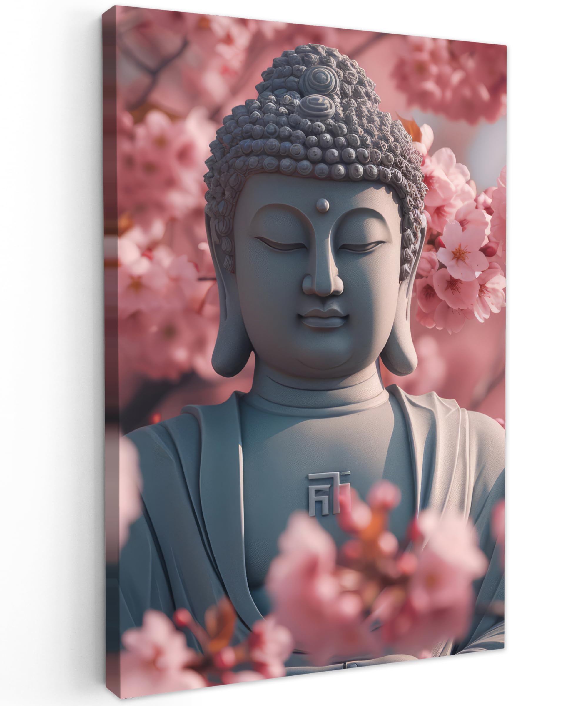 MuchoWow© Bilder Groß 80x120 cm XXL Wohnzimmer Deko Modern Wandbild Kunstdruck auf Leinwand Bild Schlafzimmer über Bett Room Decor Geschenke Buddha - Statue - Sakura - Kirschblüte