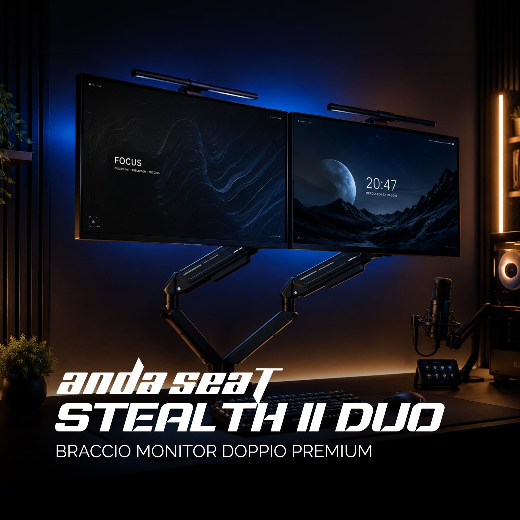 ANDA SEAT Stealth II Duo, Braccio Monitor Doppio da Scrivania con Molla a Gas Regolabile, Supporto Doppio Monitor da 17" a 32" fino a 9 kg per braccio, VESA 75x75 e 100x100