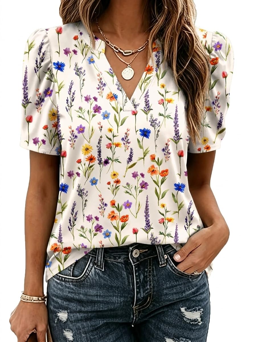 Zeagoo Women Blouses Puff Short Sleeve Tops V Neck Dressy Casual Spring Shirts Boho Floral Cute Clothes 2026