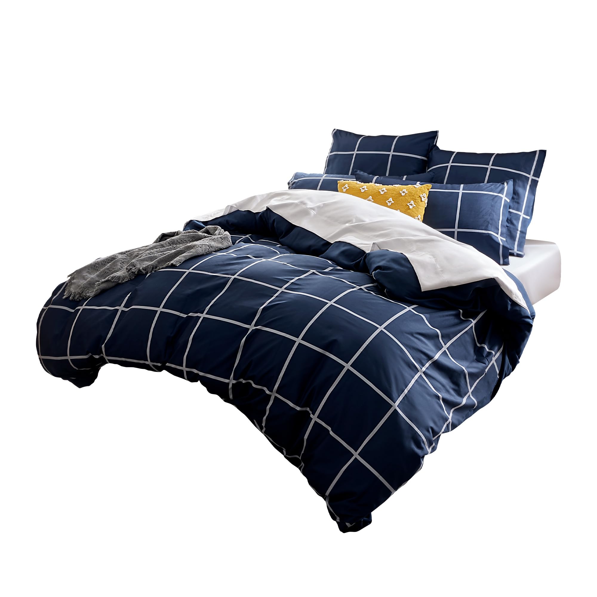 Sonive Juego de Funda nórdica de Microfibra, 155x220 cm, 80x80 cm x 2, Cuadros Azules Marino Simples