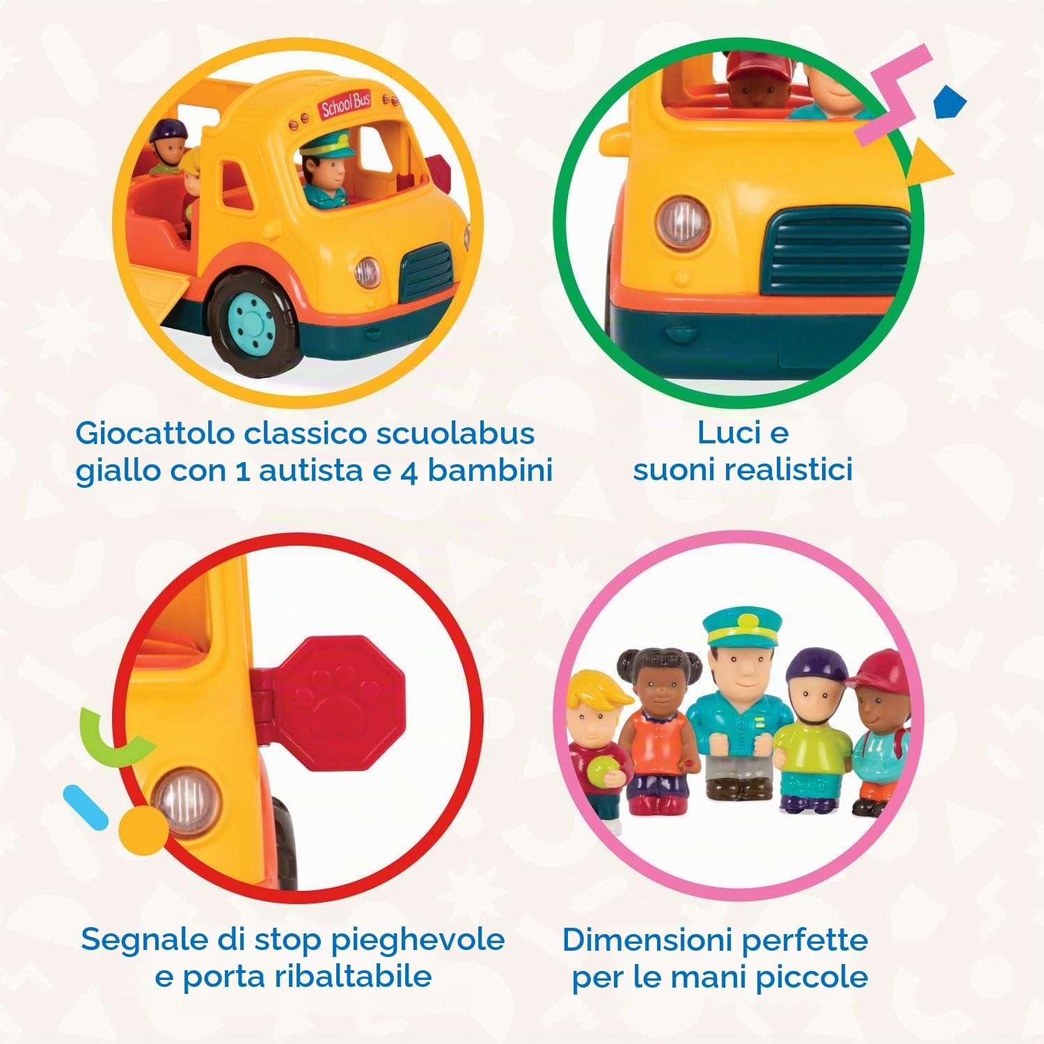 Battat - Scuolabus Luminoso e sonoro - Scuolabus Giallo Luminoso - 5 Figure Giocattolo - Suoni realistici - Segnale di Stop Pieghevole - 18 Mesi +
