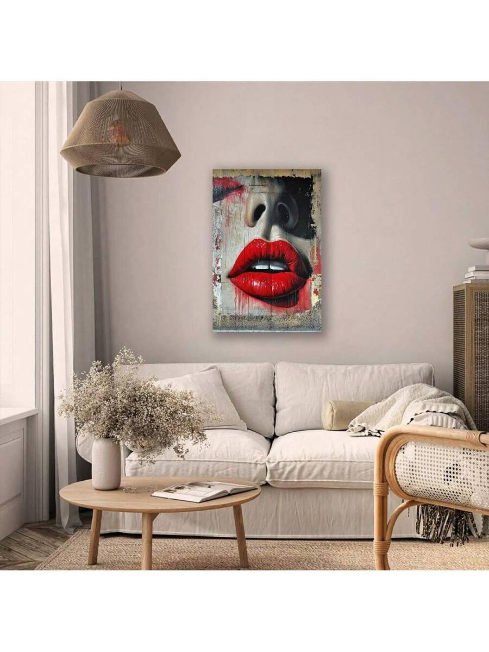 CAOXTART Stampa artistica su tela con donna sexy e labbra rosse, poster musicale, stampe su tela, poster, quadri decorativi, pittura estetica, 50x70 cm con cornice
