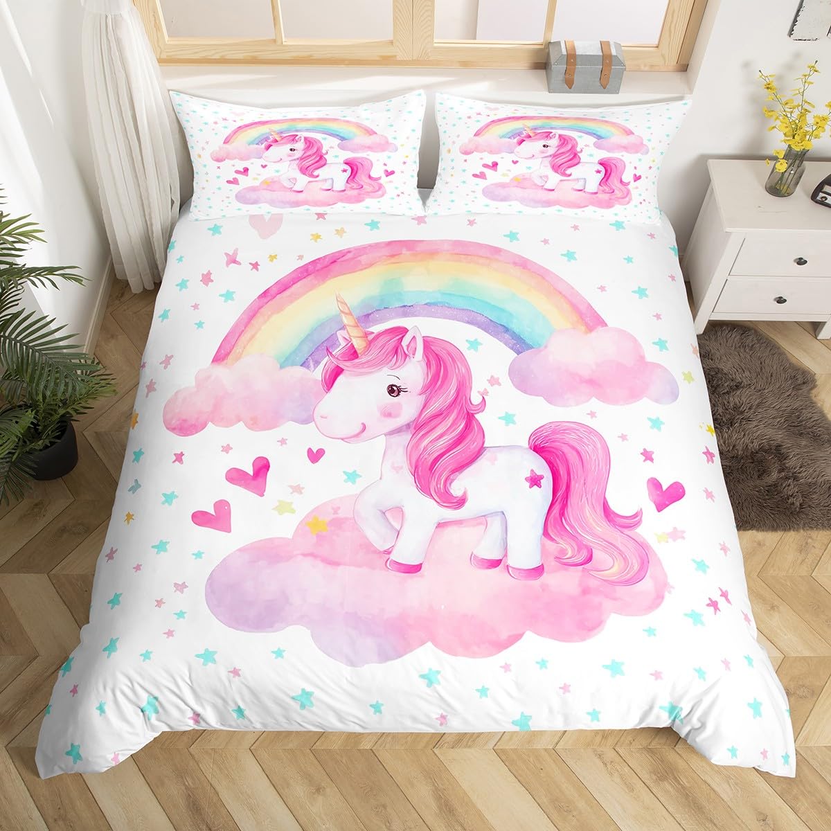 Housse de couette licorne rose et blanc lit simple avec étoiles aquarelles Homewish