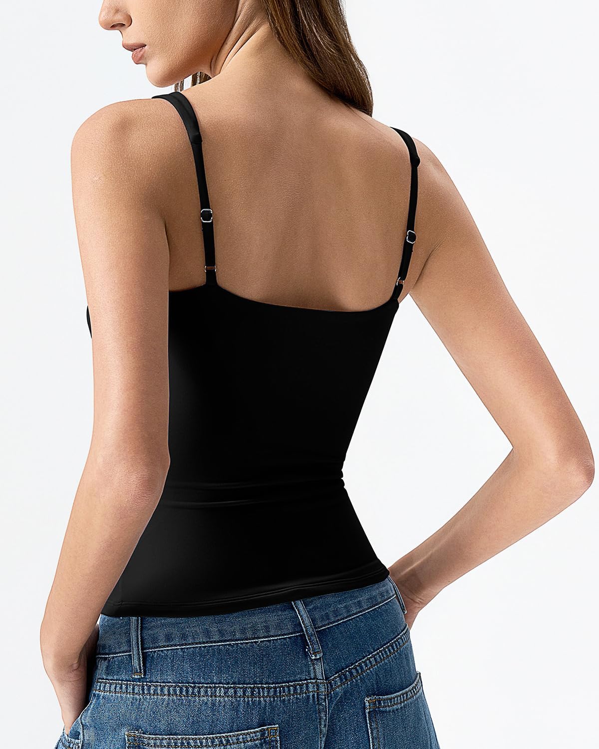 QINSEN Womens Double Lined Tank Tops Sexy V Neck Seamed Cup Adjustable Spaghetti Straps Camisole Shirts - Image 4