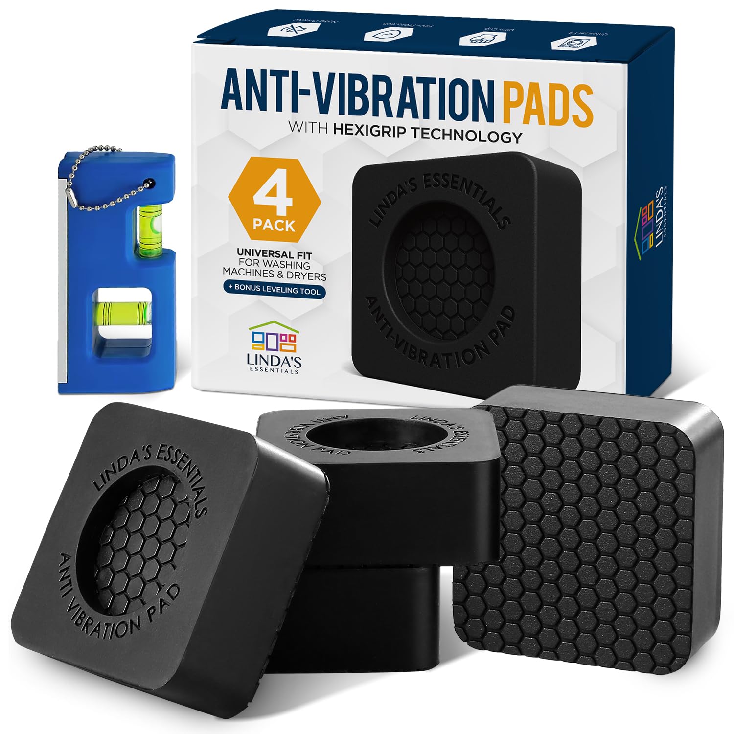 Anti Vibration Pads for Washing Machine and Dryer (Set of 4) – Universal Washer Anti Vibration Pads with HexiGrip™ – Washing Machine Accessories & Leveling Pads – Vibration Dampening Mat