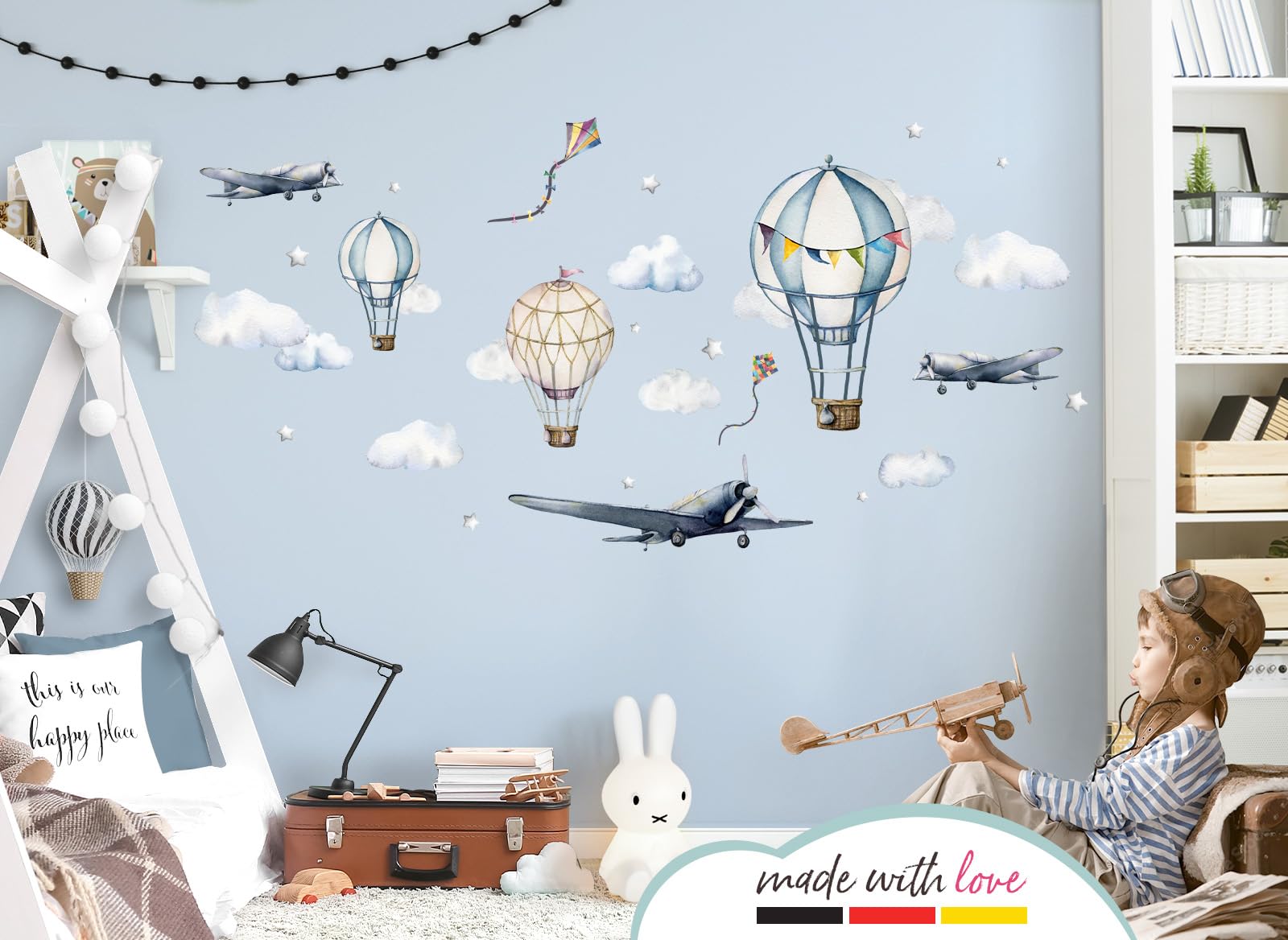 Little Deco DL707-4 Sticker mural pour chambre d'enfant Motif avion et montgolfières
