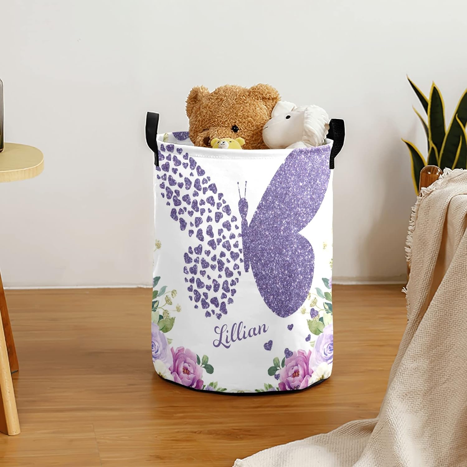 Personalized Laundry Basket, Purple Floral Butterfly Rose Custom Storage Bins Laundry Hamper with Name Collapsible Toys Organizer