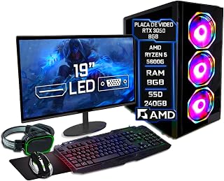 PC Gamer Completo Blue PC AMD Ryzen 5 5600G 3.9Ghz 8GB DDR4 RTX 3050 8GB SSD 240GB - 750w - Monitor 19" Kit
