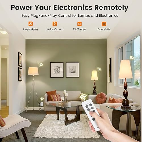 Miniatura 2 de SURAIELEC Toma de control remoto, interruptor de luz remoto inalámbrico, 100 pies, 15 A1875 W, enchufe lateral compacto expandible para interiores,