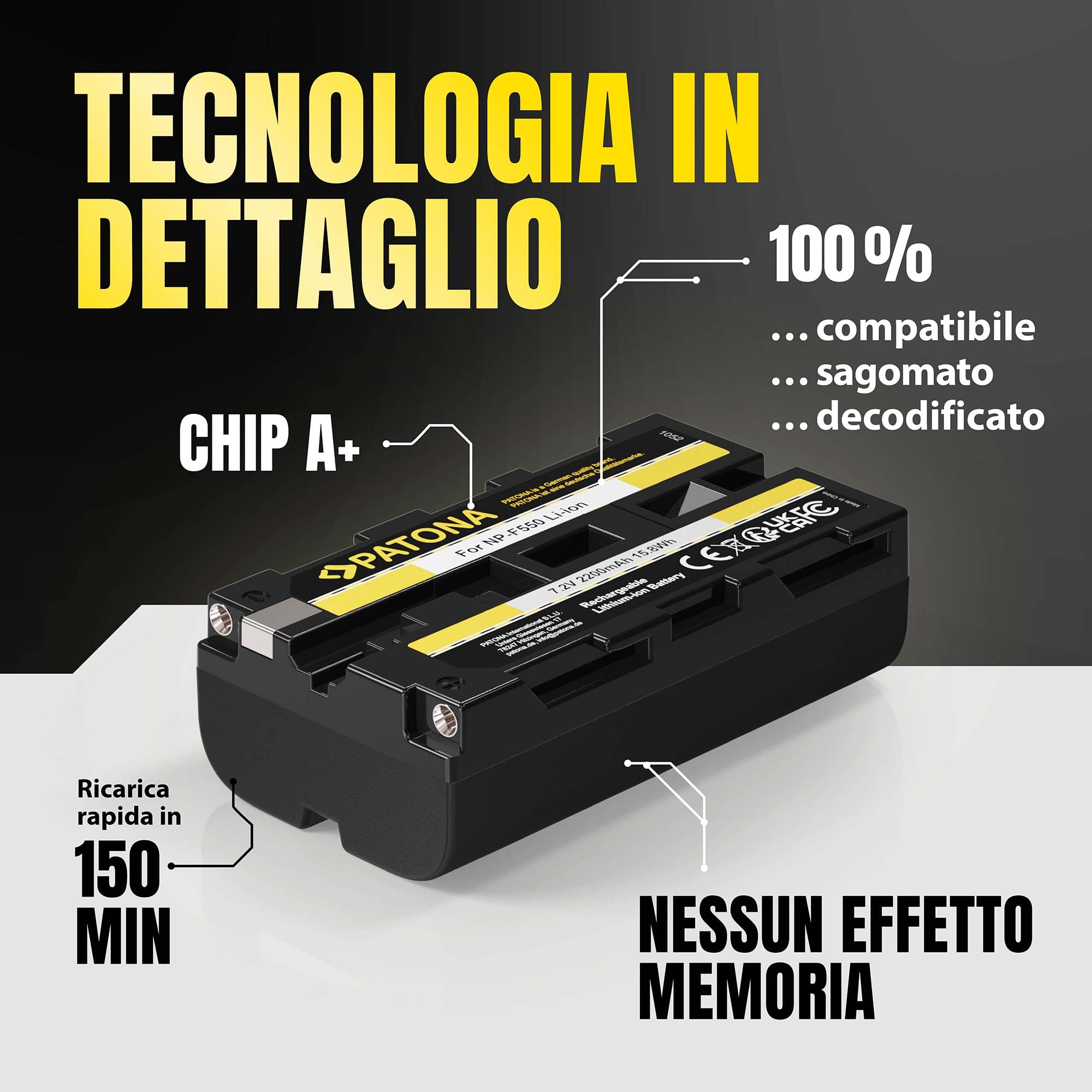 PATONA 2x NP-F550 Batteria 2200mAh compatibile con videocamere Sony, indicatori LED, illuminazione, luce video, monitor, fotocamera, Battery NP-F750 NP-F950 NP-F970 NPF550 NP F550