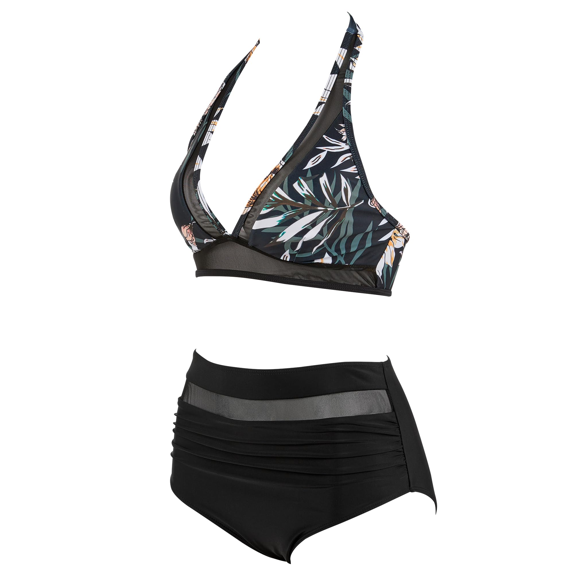 RXRXCOCO Damen Mesh Neckholder Rückenfrei Bauchweg High Waist Bikini Set Push Up Sexy V Ausschnitt Zweiteiliger Badeanzüge Bademode