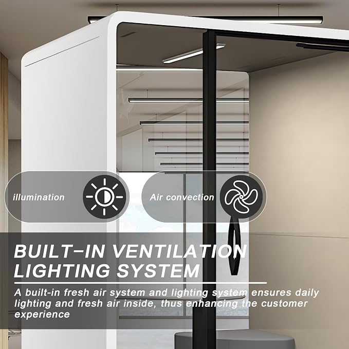Cabina de oficina con privacidad acústica - Cabina insonorizada con diseño de cierre magnético de puerta, moderno con luz, ventiladores, cristal tintado blanco y enchufe para estudio y transmisión en vivo (62.99 pulgadas) miniatura 5
