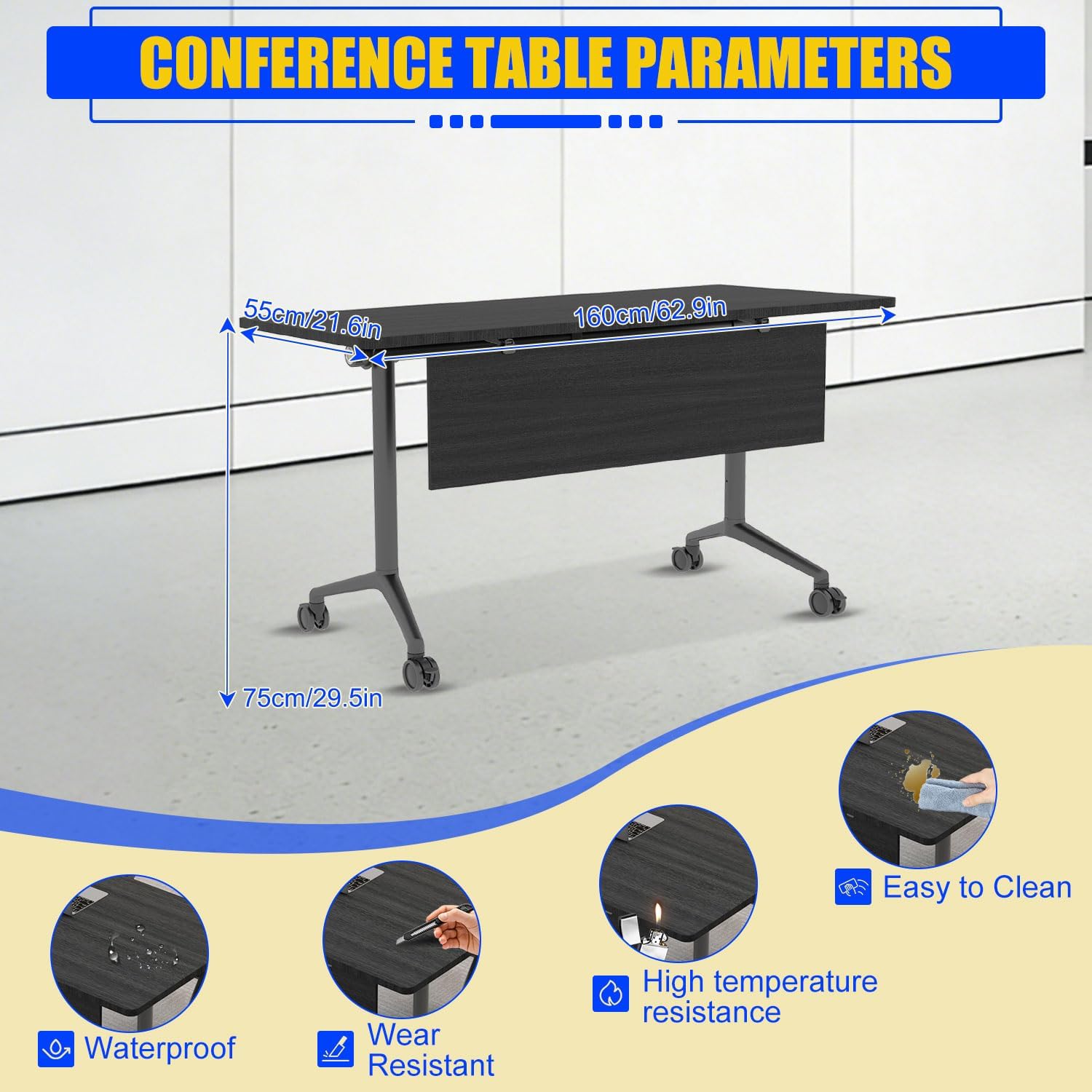 Folding Conference Room Tables Flip-top Mobile Training Table with 360° Caster Wheels,Modern Conference Table Rectangular Modular Meeting Seminar Table for Office Conference Room (4pcs, Ebony, 63")