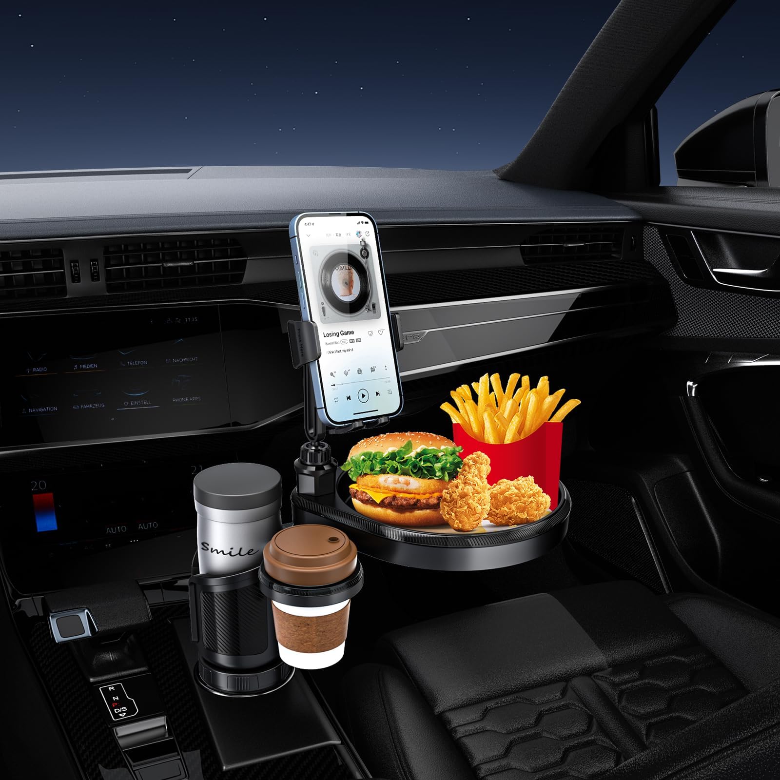 KASTWAVE Automotive Cup Holders Expander for Car, 3 in 1 Expandable Car Food Table Tray for Eating, Road Trip Essentials Accessories Gadgets, Golf Cart Accessories Cup Holder Phone Mount