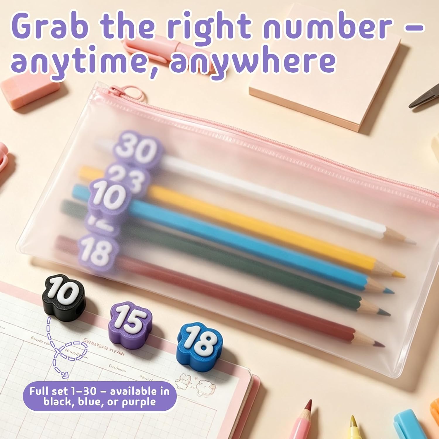 30 Pcs Numbered Pencil Toppers, Reusable Classroom Pencil Labels, Purple