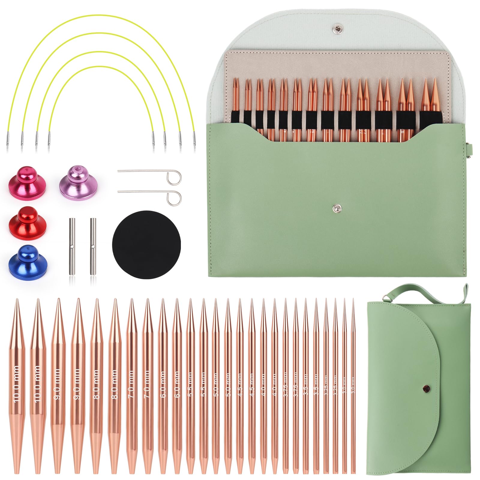 Aiguille à tricoter en aluminium verte et kit aiguilles circulaires interchangeables