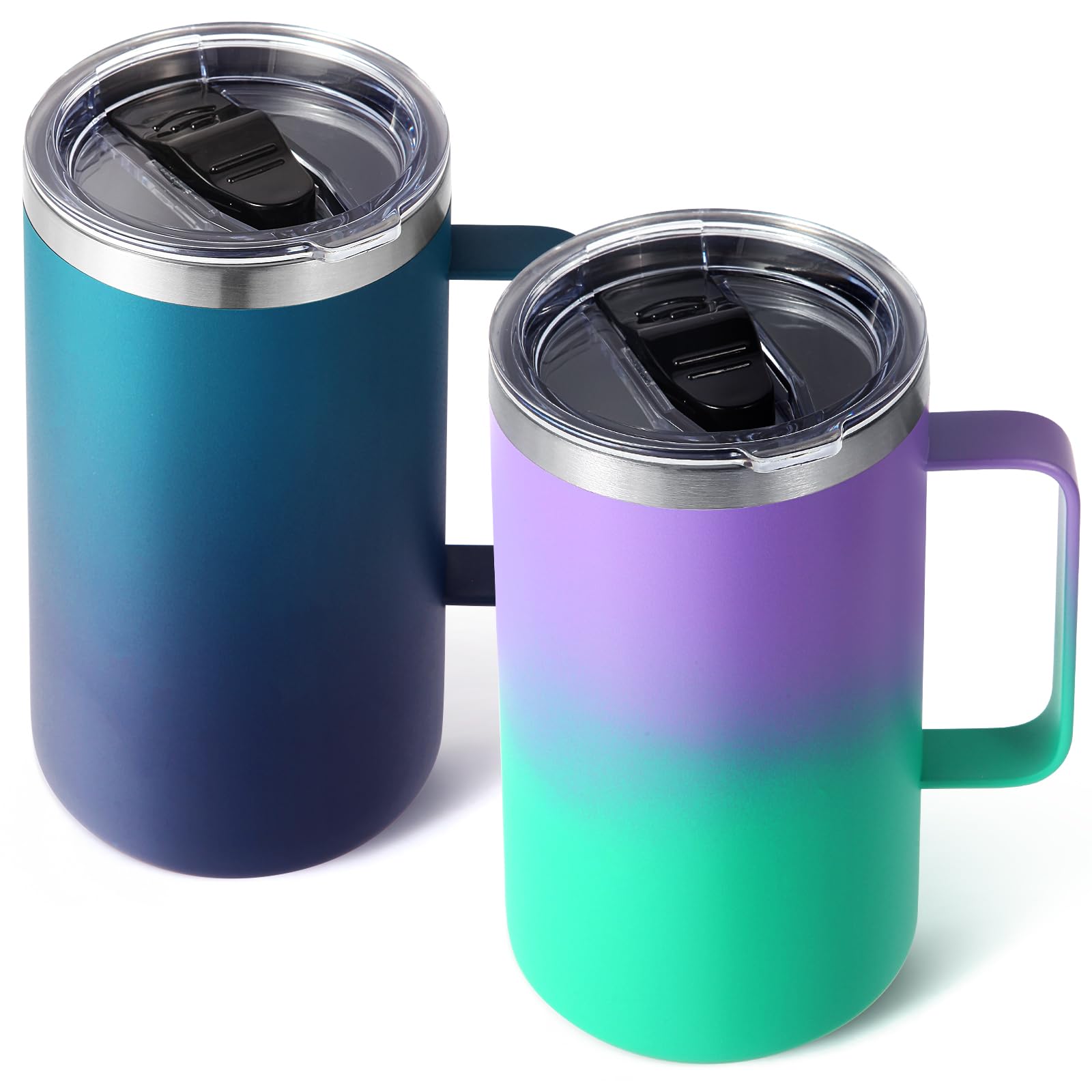 Volhoply 650ml (22oz) Insulated Coffee Mug with Lid and Straw, Stainless Steel Travel Mugs with Handle, Double Wall Vacuum Coffee Tumbler for Hot and Cold Drinks (Mixed,2 Pack)