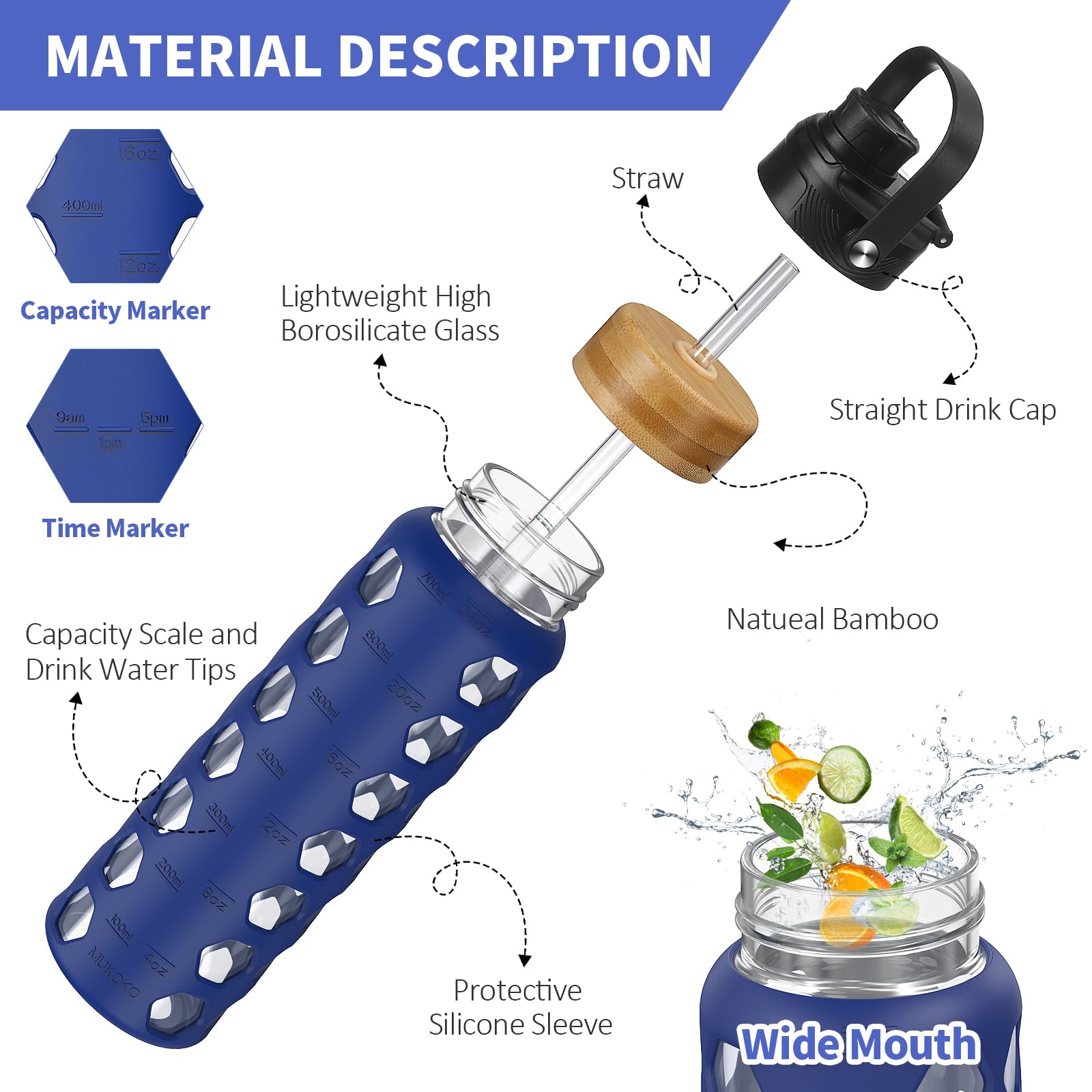 HYDRAGLAZIC 700ML Glass Water Bottle with 2 Flip and Bamboo Straw Lids Sports Water Tumbler with Time Reminder and Silicone Sleeve Leak-proof BPA Free - Image 4