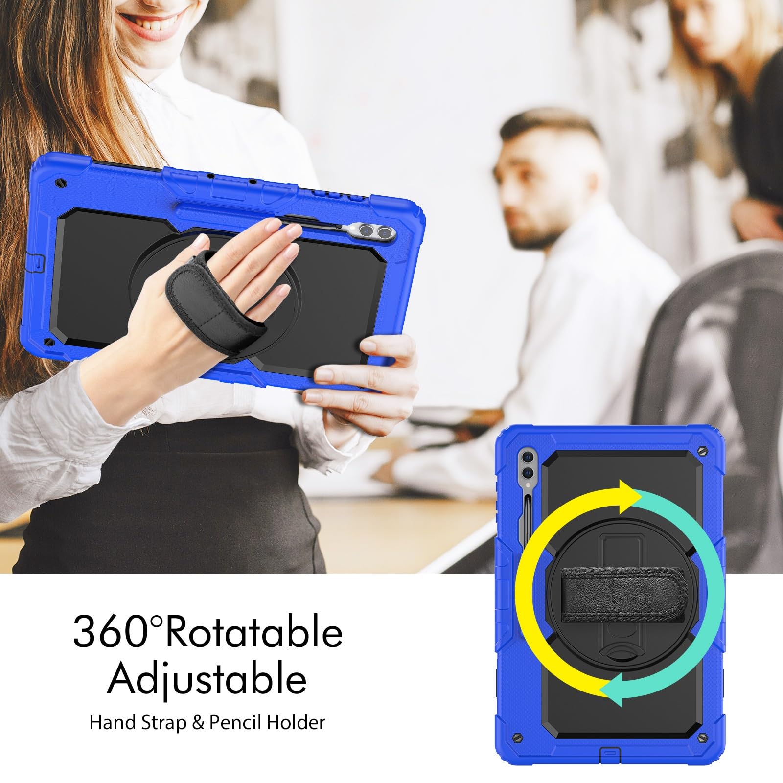 Kompatybilny z Samsung Galaxy Tab S10 Ultra 14,6" 2024 SM-X920 Wytrzymały, odporny na wstrząsy futerał TPU, osłona ochronna zabezpieczeniem ekranu Obrotowa podpórka 360° + pasek rękę + ramię(Blu)