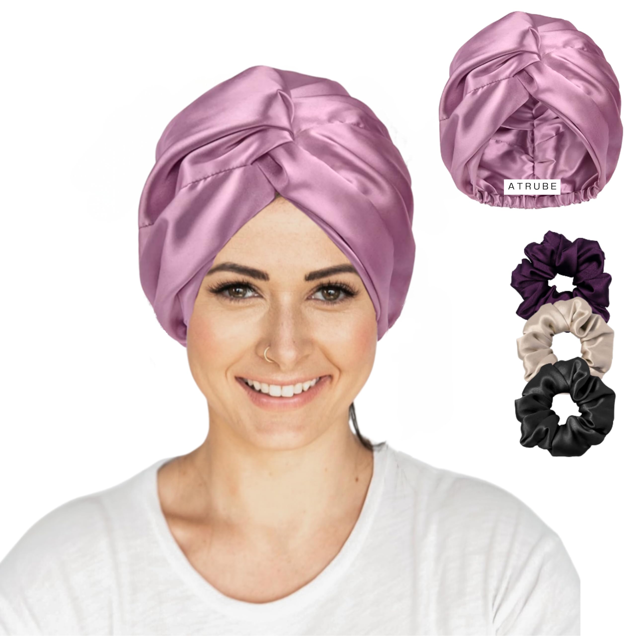 Atrube Silk Satin Hair Bonnet Reversible Sleep Cap with Adjustable tie Band Head wrap Women Scrunchies Satin Wrap Silk Bonnet for Hair (Purple) (Head Circumference - 21" ~ 23")-picture-39