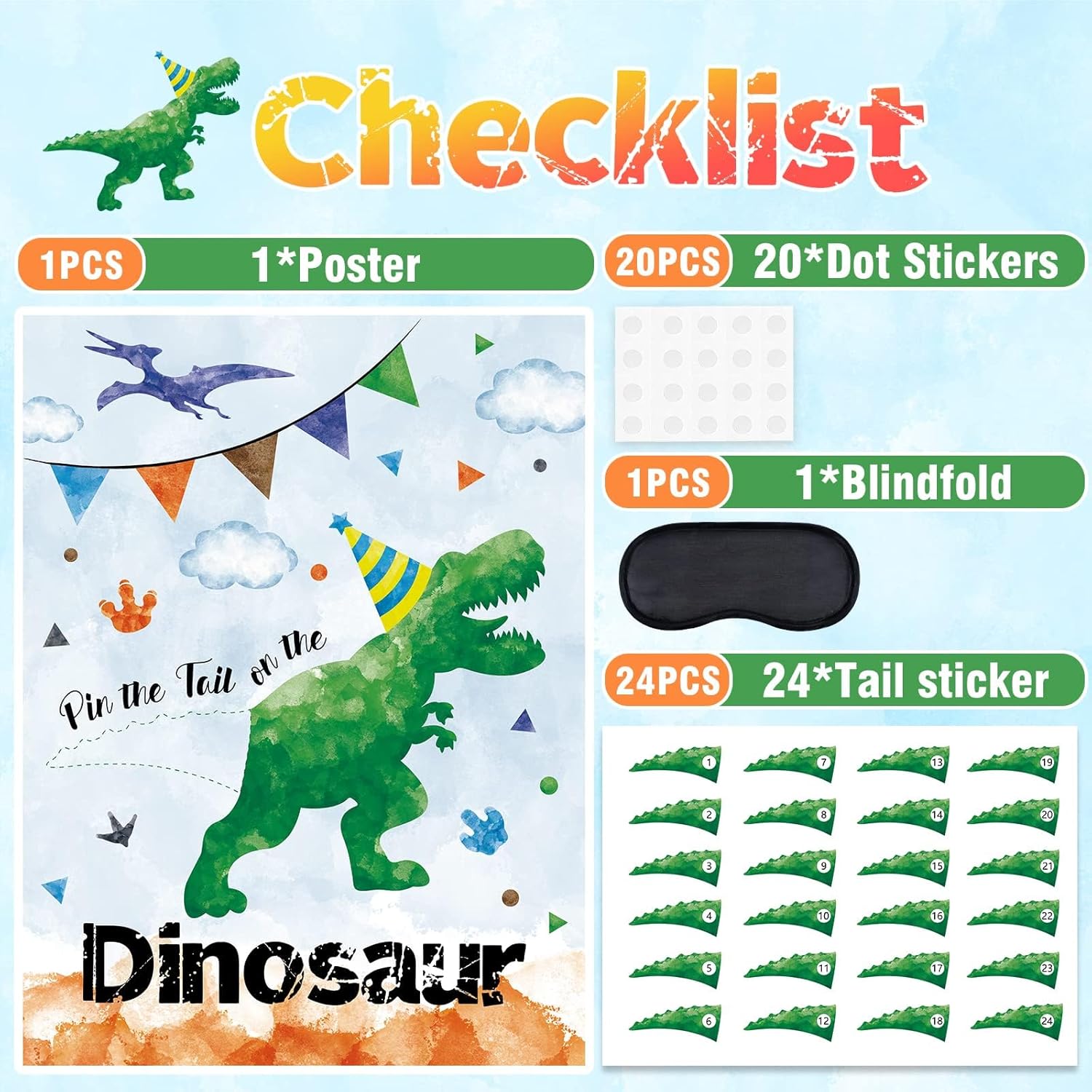 WERNNSAI Pin The Tail on The Dinosaur Party Game - 21'' x 28'' Birthday Party Games for Kids Watercolor Dinosaur Birthday Decorations for Boys Birthday Wall Home Room Decorations with 24 PCS Tails