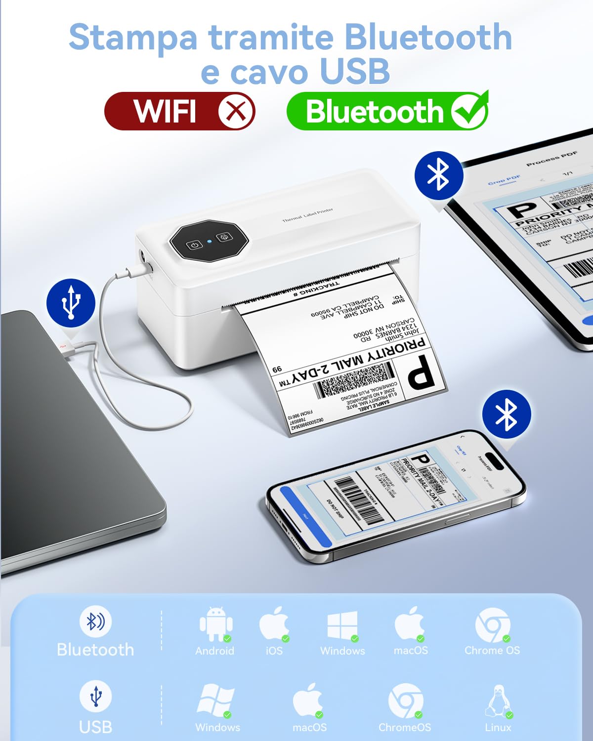 TATTMUSE Stampante per Etichette Termiche, 4x6 Stampante Termica Bluetooth per Etichette di Spedizione, Compatibile con UPS Ebay Amazon