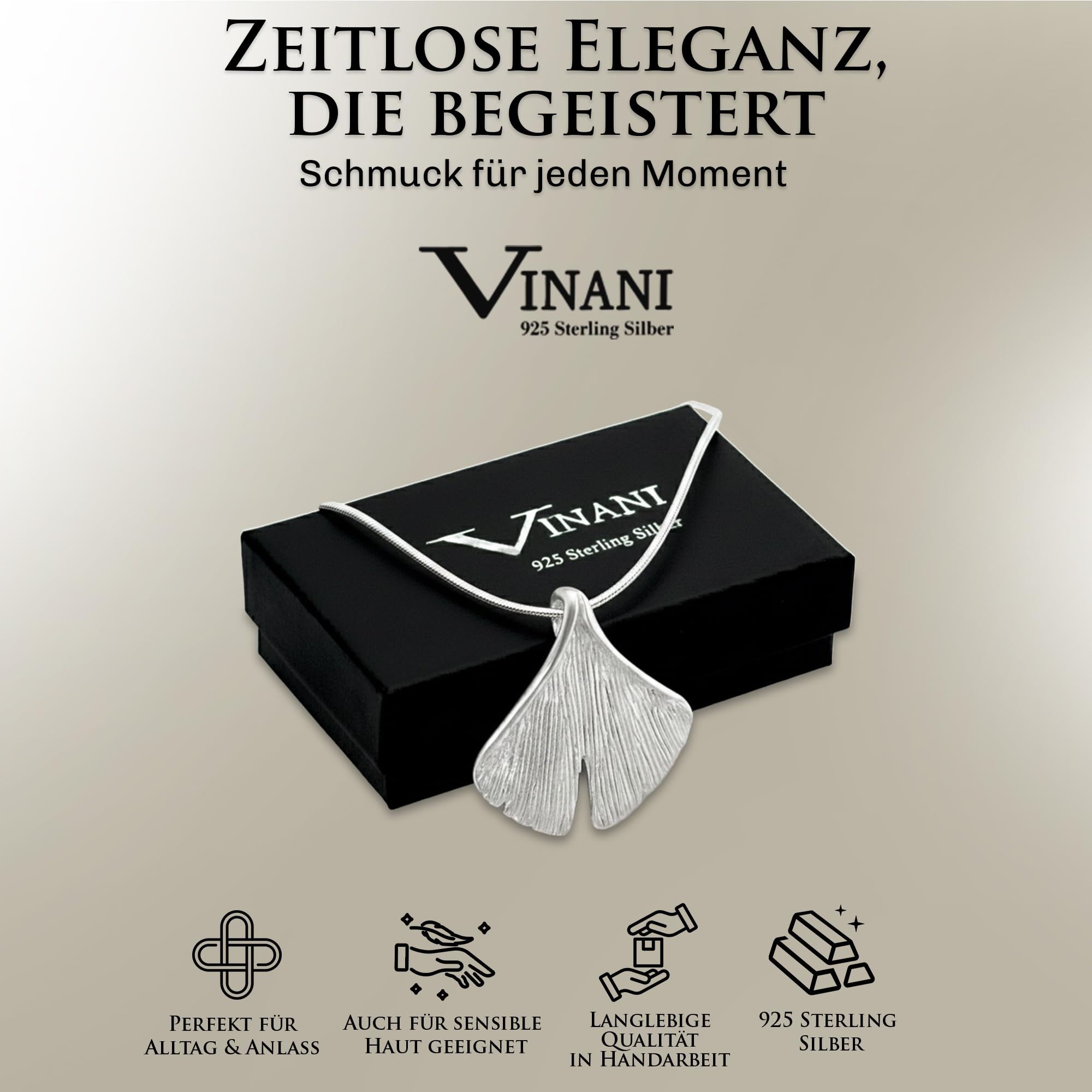 Vinani 925 Sterling Silber Ginkgo Blatt Anhänger mit Schlangenkette AGK | Schutzengel-Anhänger mit Schlangenkette aus Italien, nickelfrei, antiallergisch und anlaufgeschützt.