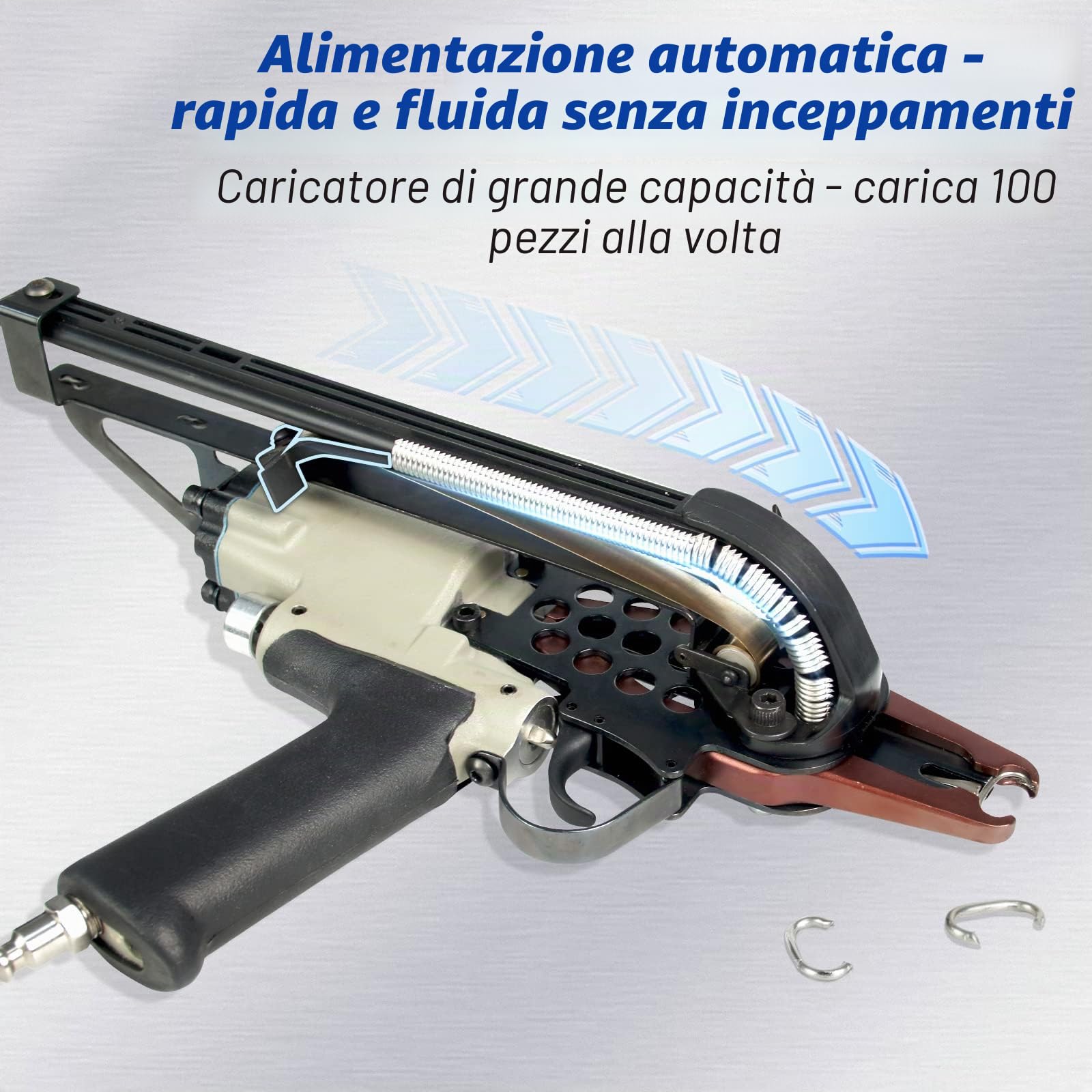 WOODPECKER C-7EA 15GA pinza a C pneumatica naso lungo per gabioni | Corona 19mm, chiusura 7mm, naso allungato per punti stretti, qualità industriale 15GA, per gabbie, recinzioni e sedili