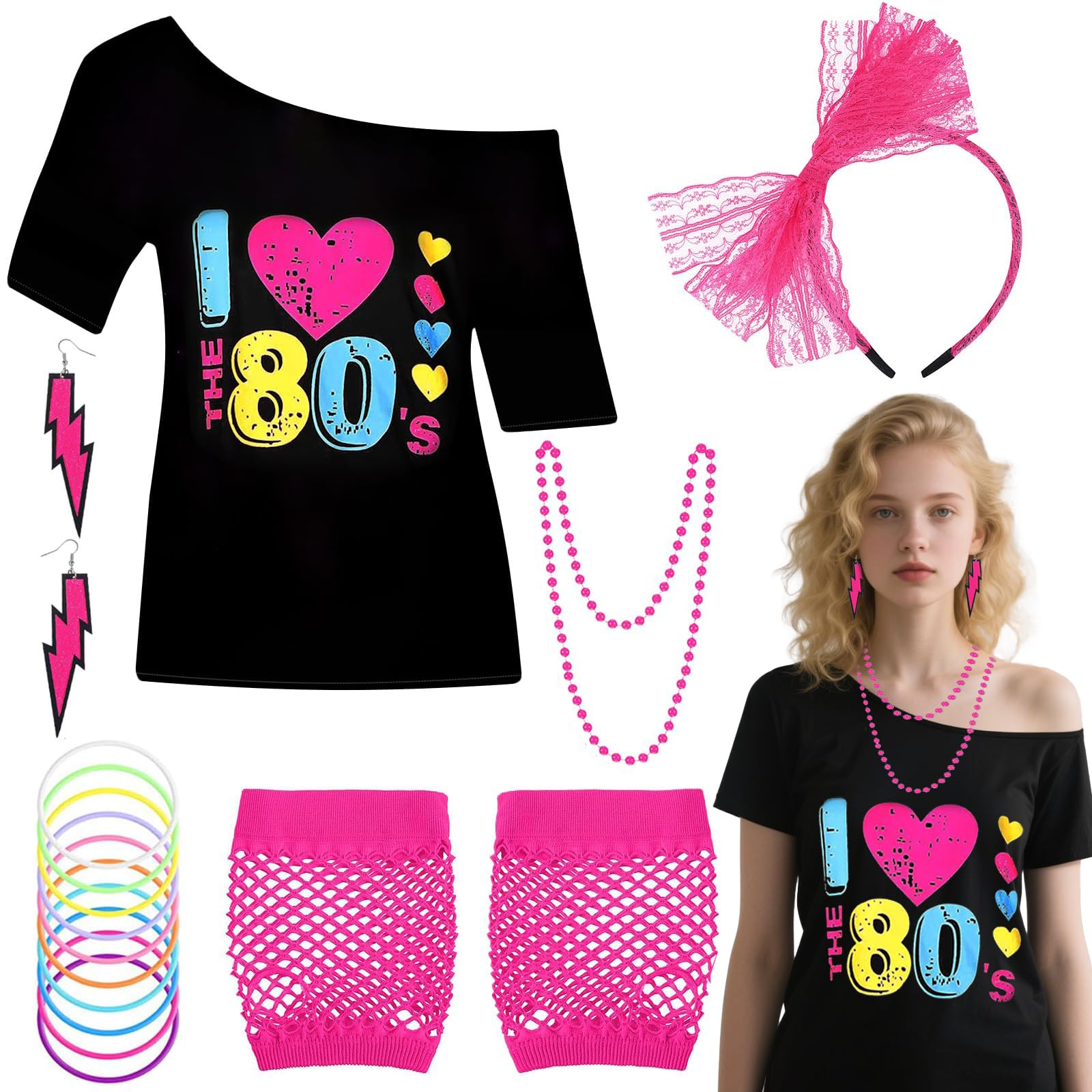 6PCS 80s Costume Accessories Set for Women, 1980s Fancy Dress with T-shirt Headband Lightning Earrings Necklace Bracelet Mesh Sleeve 80s Outfit for Retro Theme Party Cosplay Dress Up (Rose Red, L)